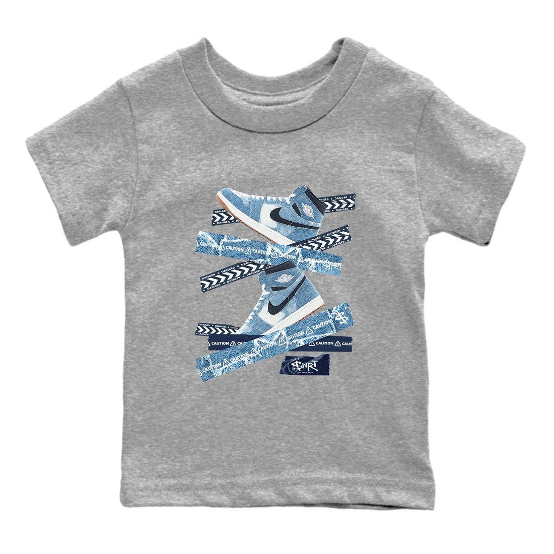 1s Denim shirts to match jordans Caution Tape sneaker match tees Air Jordan 1 Denim SNRT Sneaker Tees streetwear brand Baby and Youth Heather Grey 2 cotton tee