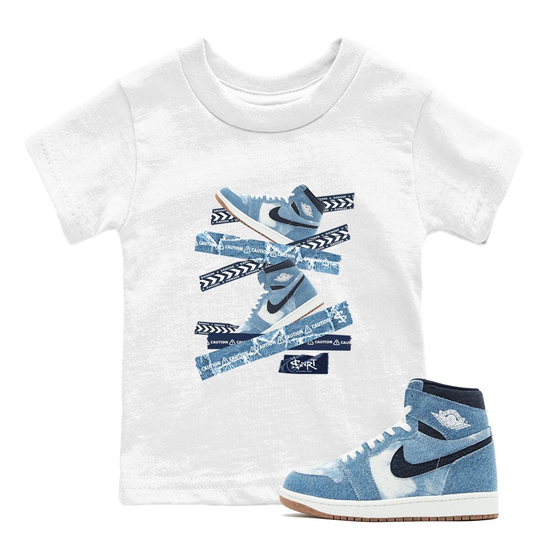 1s Denim shirts to match jordans Caution Tape sneaker match tees Air Jordan 1 Denim SNRT Sneaker Tees streetwear brand Baby and Youth White 1 cotton tee