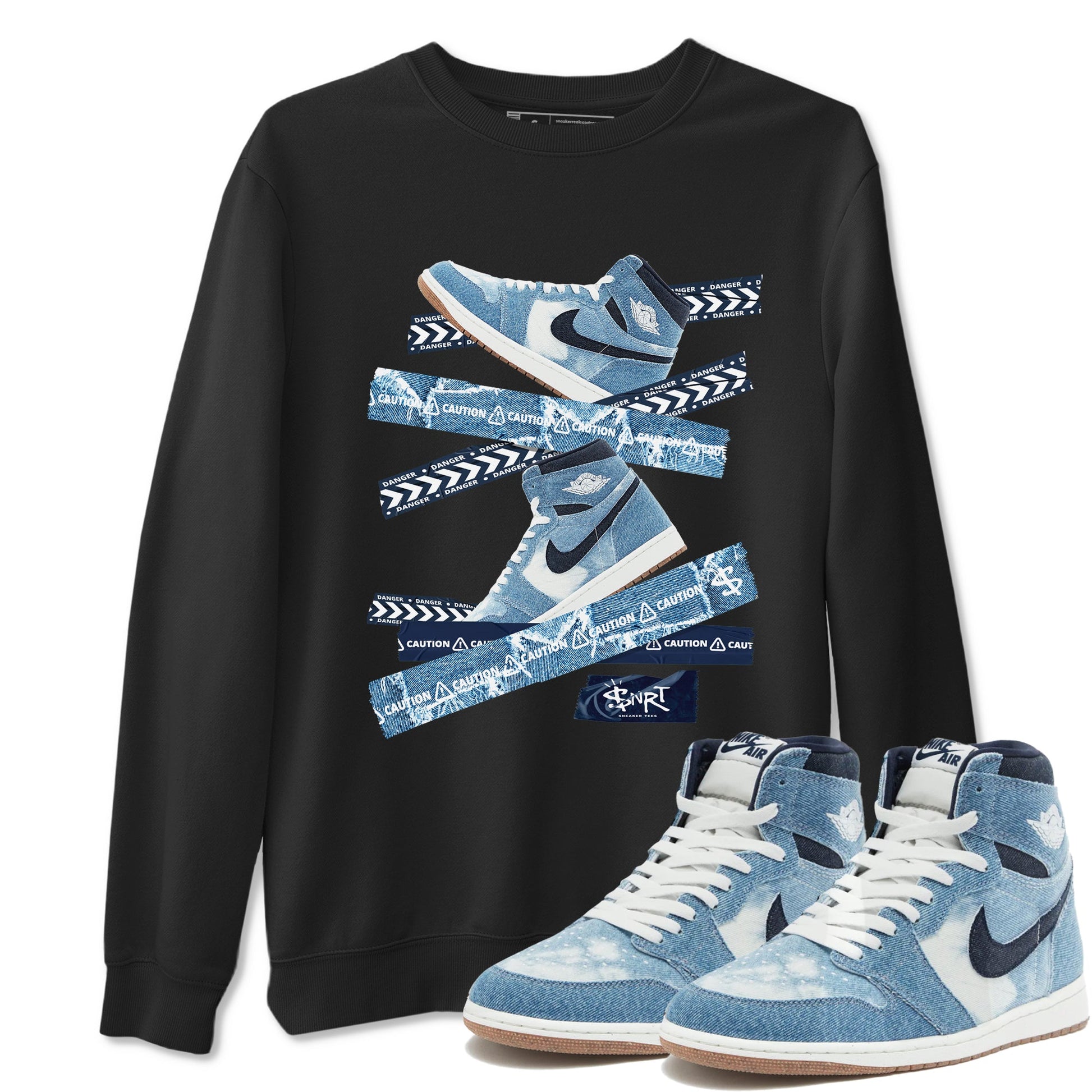 1s Denim shirts to match jordans Caution Tape sneaker match tees Air Jordan 1 Denim SNRT Sneaker Tees streetwear brand Black 1 unisex cotton tee