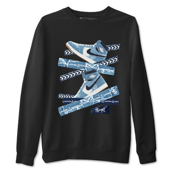 1s Denim shirts to match jordans Caution Tape sneaker match tees Air Jordan 1 Denim SNRT Sneaker Tees streetwear brand Black 2 unisex cotton tee