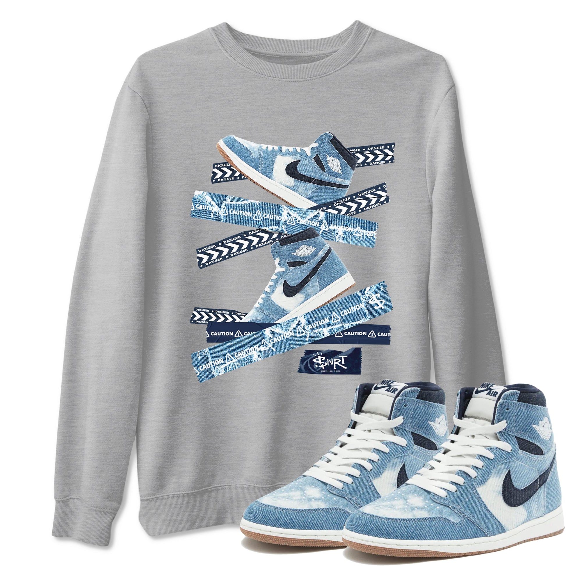 1s Denim shirts to match jordans Caution Tape sneaker match tees Air Jordan 1 Denim SNRT Sneaker Tees streetwear brand Heather Grey 1 unisex cotton tee