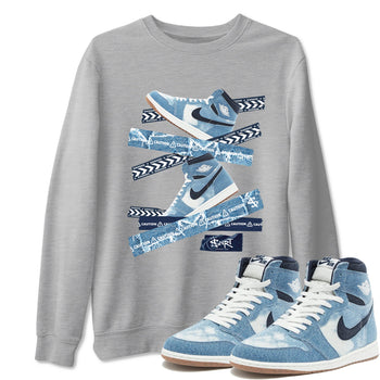 1s Denim shirts to match jordans Caution Tape sneaker match tees Air Jordan 1 Denim SNRT Sneaker Tees streetwear brand Heather Grey 1 unisex cotton tee