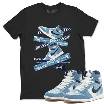 1s Denim shirts to match jordans Caution Tape sneaker match tees Air Jordan 1 Denim SNRT Sneaker Tees streetwear brand Black 1 unisex cotton tee