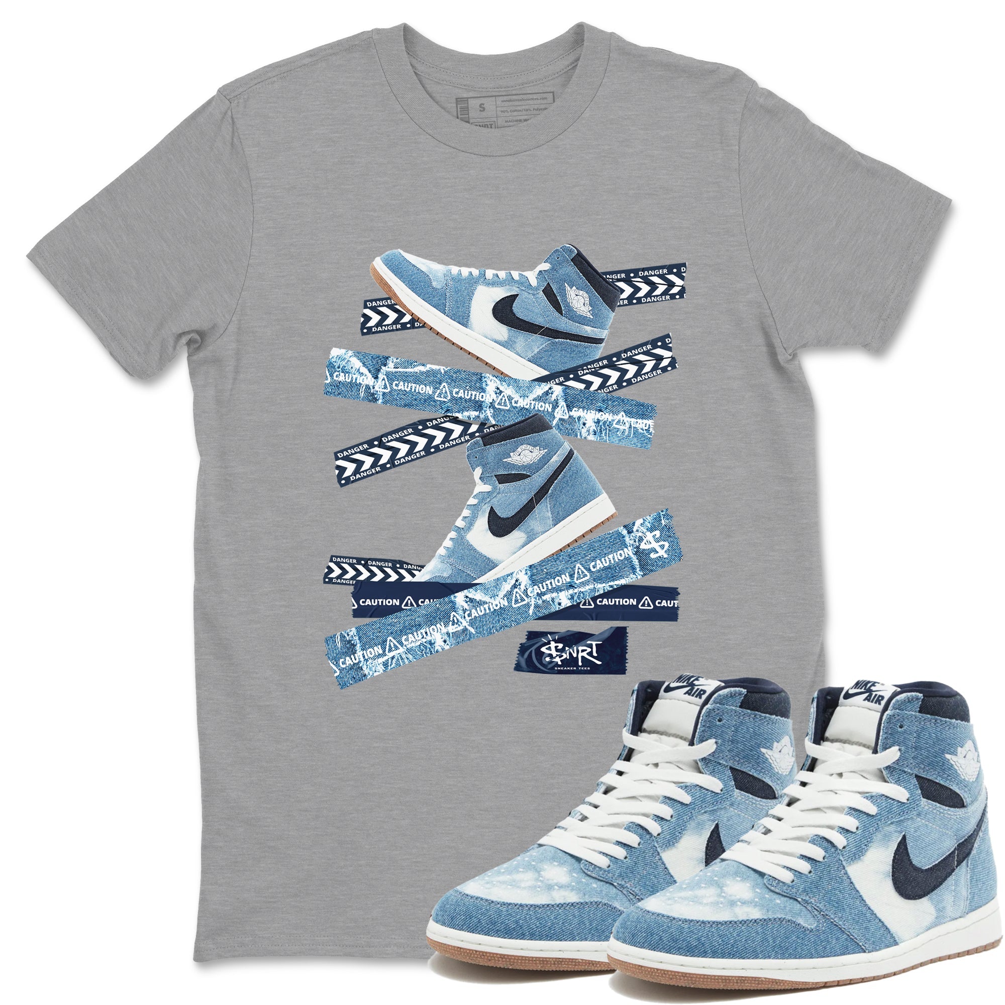 1s Denim shirts to match jordans Caution Tape sneaker match tees Air Jordan 1 Denim SNRT Sneaker Tees streetwear brand Heather Grey 1 unisex cotton tee