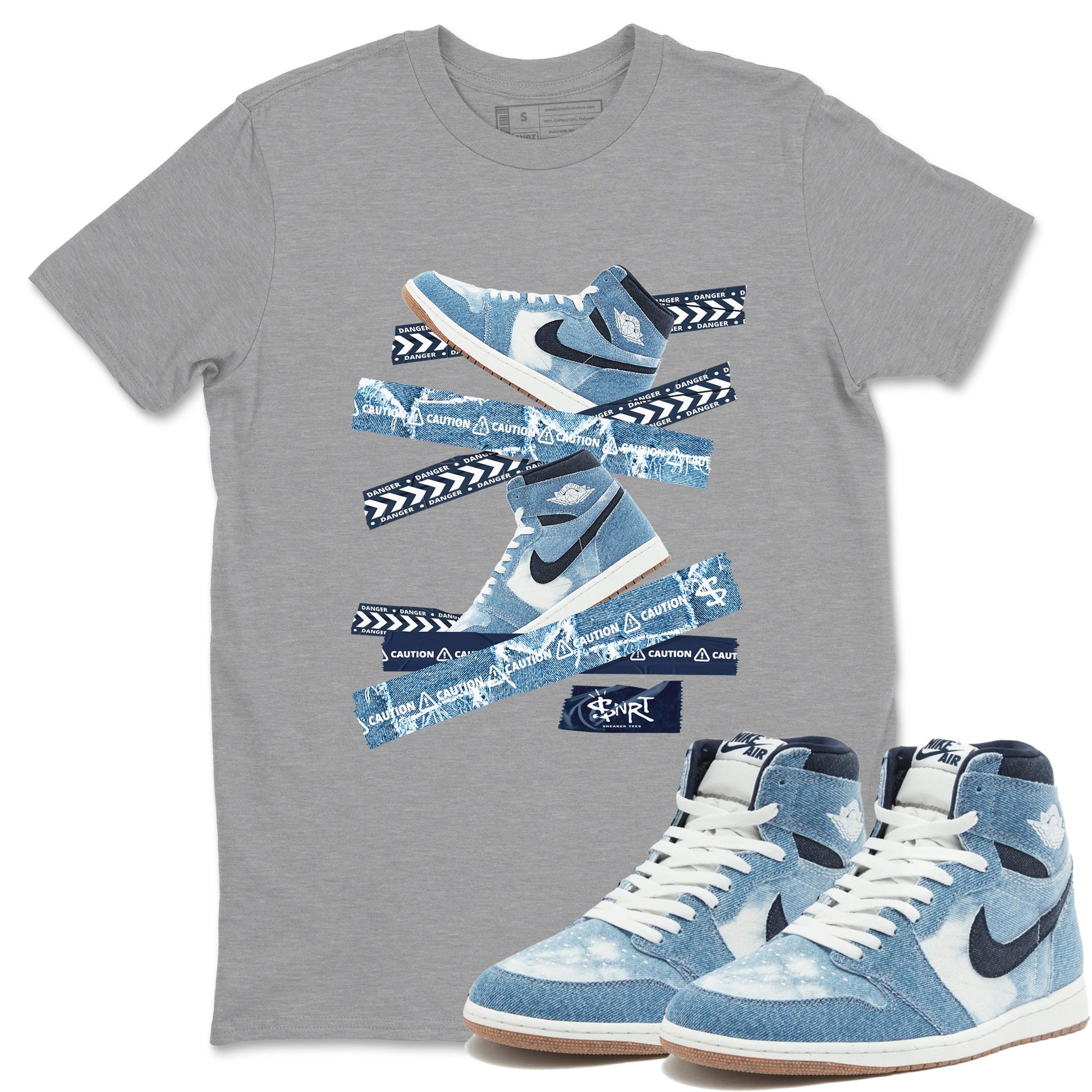 1s Denim shirts to match jordans Caution Tape sneaker match tees Air Jordan 1 Denim SNRT Sneaker Tees streetwear brand Heather Grey 1 unisex cotton tee