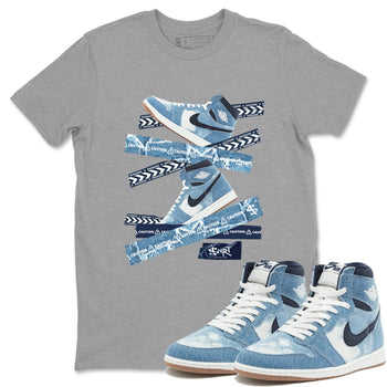 1s Denim shirts to match jordans Caution Tape sneaker match tees Air Jordan 1 Denim SNRT Sneaker Tees streetwear brand Heather Grey 1 unisex cotton tee