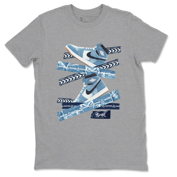 1s Denim shirts to match jordans Caution Tape sneaker match tees Air Jordan 1 Denim SNRT Sneaker Tees streetwear brand Heather Grey 2 unisex cotton tee