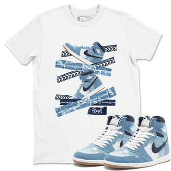 1s Denim shirts to match jordans Caution Tape sneaker match tees Air Jordan 1 Denim SNRT Sneaker Tees streetwear brand White 1 unisex cotton tee
