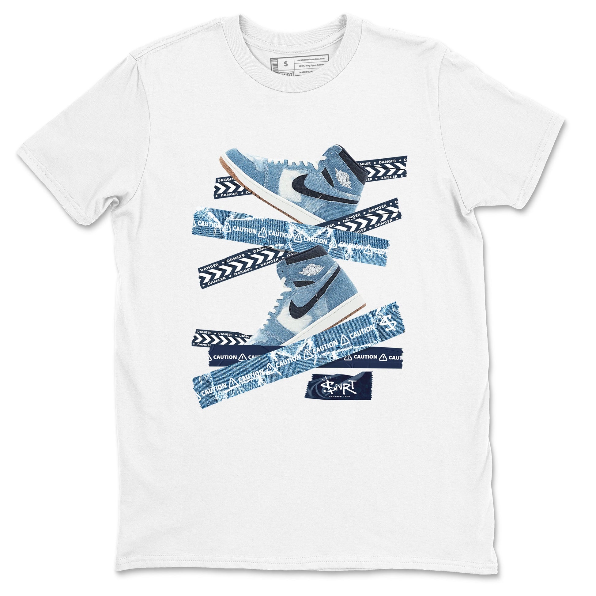 1s Denim shirts to match jordans Caution Tape sneaker match tees Air Jordan 1 Denim SNRT Sneaker Tees streetwear brand White 2 unisex cotton tee