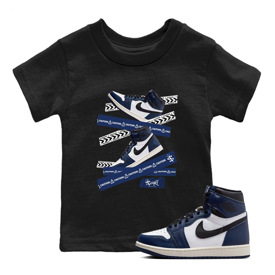 1s Midnight Navy shirts to match jordans Caution Tape sneaker match tees Air Jordan 1 Midnight Navy match shoes to clothes SNRT Sneaker Tees Youth Baby Black 1 tee
