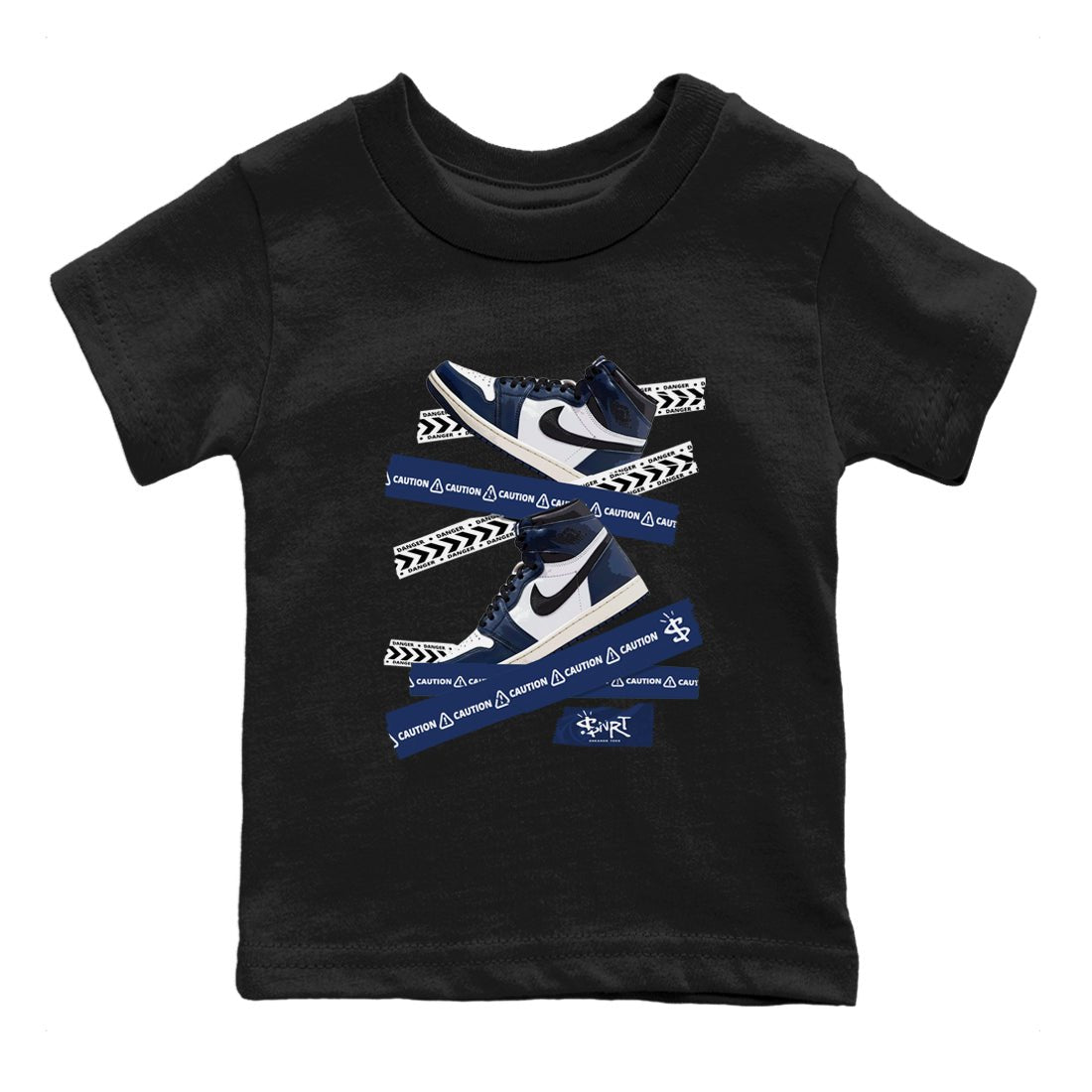 1s Midnight Navy shirts to match jordans Caution Tape sneaker match tees Air Jordan 1 Midnight Navy match shoes to clothes SNRT Sneaker Tees Youth Baby Black 2 tee