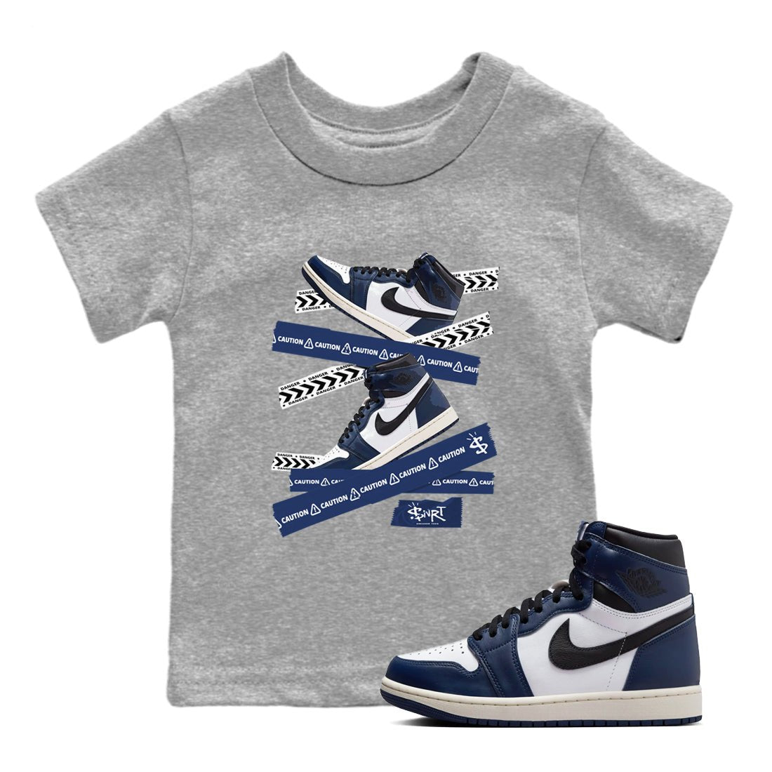 1s Midnight Navy shirts to match jordans Caution Tape sneaker match tees Air Jordan 1 Midnight Navy match shoes to clothes SNRT Sneaker Tees Youth Baby Heather Grey 1 tee