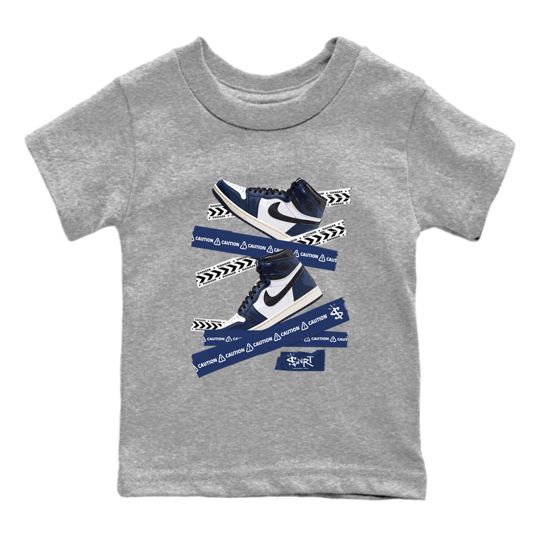 1s Midnight Navy shirts to match jordans Caution Tape sneaker match tees Air Jordan 1 Midnight Navy match shoes to clothes SNRT Sneaker Tees Youth Baby Heather Grey 2 tee