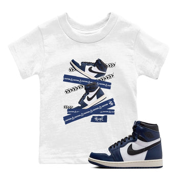 1s Midnight Navy shirts to match jordans Caution Tape sneaker match tees Air Jordan 1 Midnight Navy match shoes to clothes SNRT Sneaker Tees Youth Baby White 1 tee