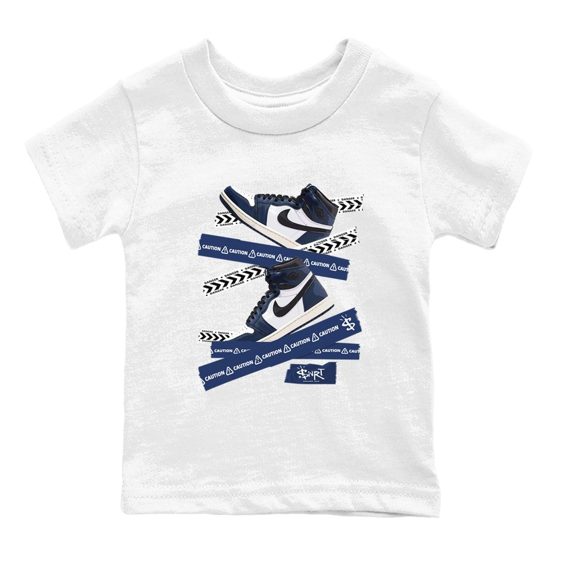 1s Midnight Navy shirts to match jordans Caution Tape sneaker match tees Air Jordan 1 Midnight Navy match shoes to clothes SNRT Sneaker Tees Youth Baby White 2 tee