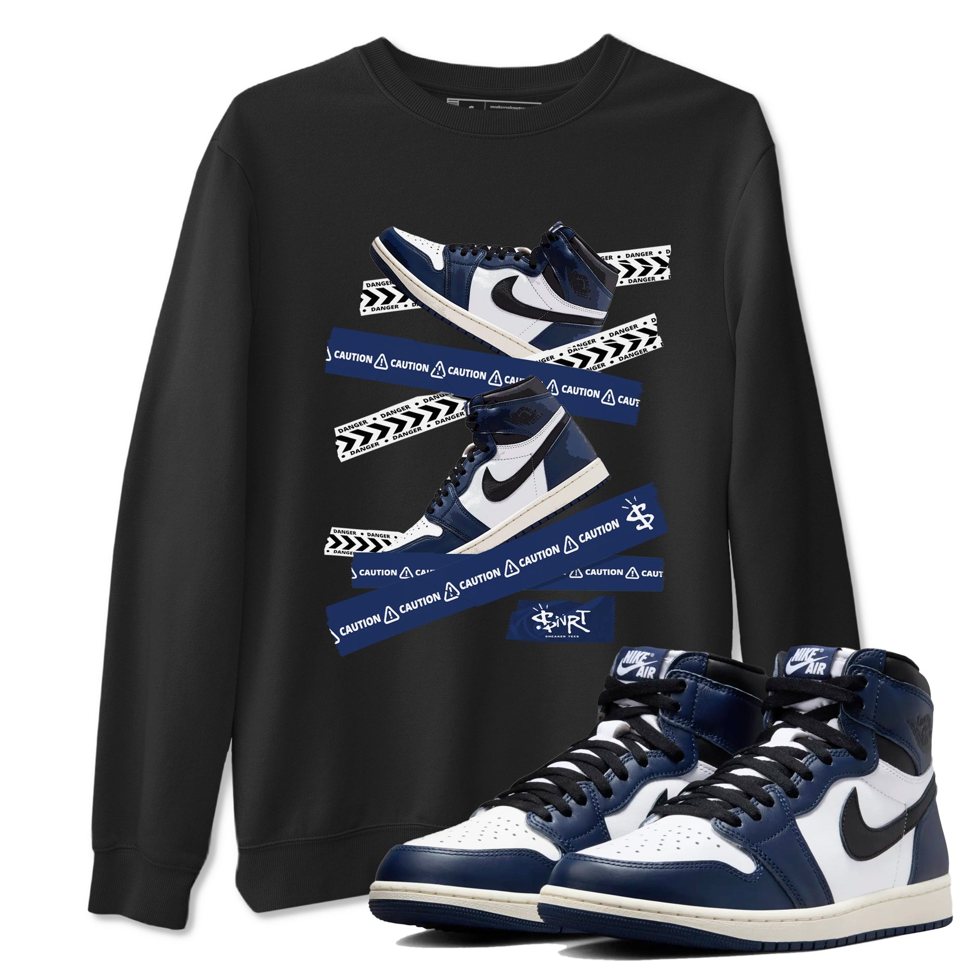 1s Midnight Navy shirts to match jordans Caution Tape sneaker match tees Air Jordan 1 Midnight Navy match shoes to clothes SNRT Sneaker Tees unisex cotton Black 1 shirts