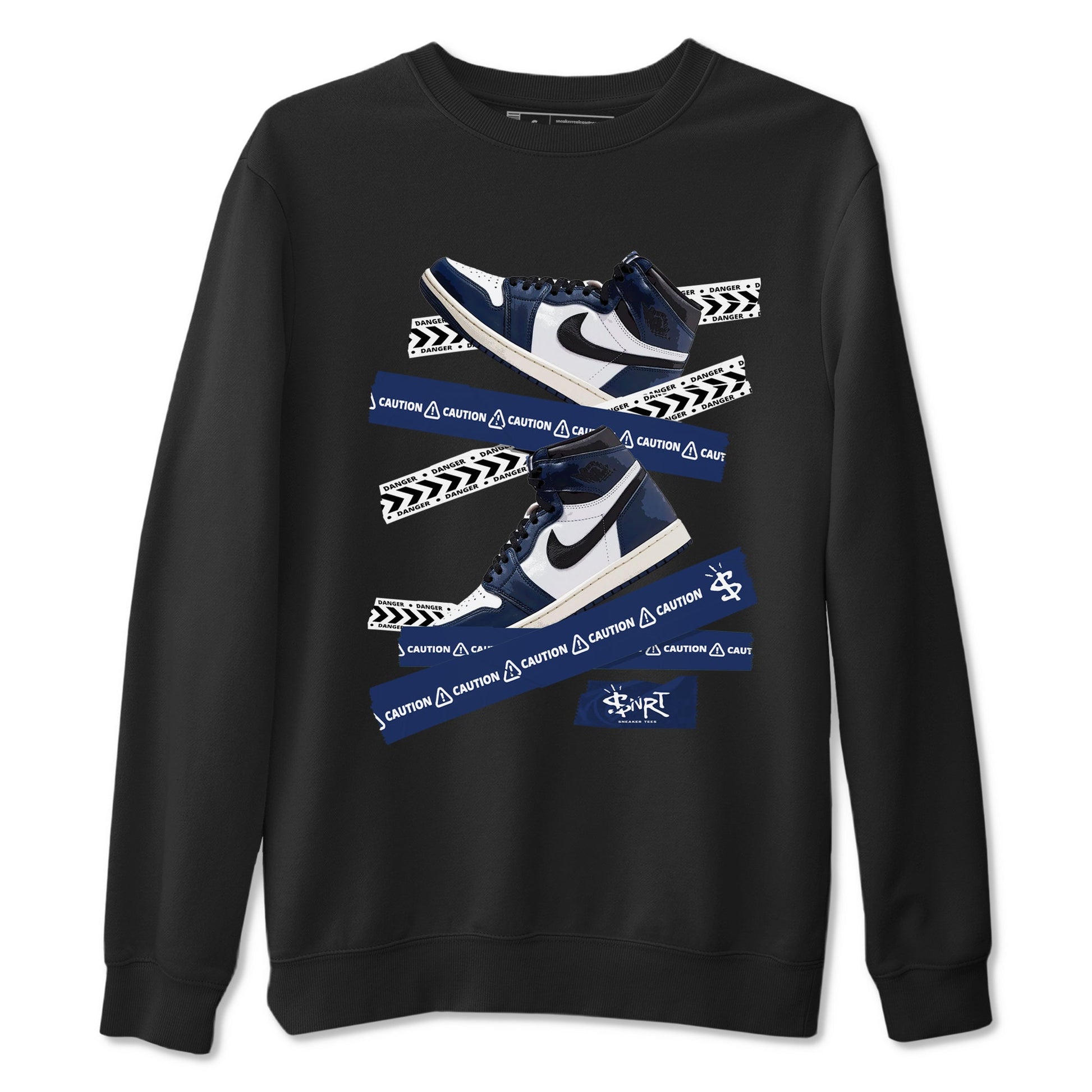 1s Midnight Navy shirts to match jordans Caution Tape sneaker match tees Air Jordan 1 Midnight Navy match shoes to clothes SNRT Sneaker Tees unisex cotton Black 2 shirts
