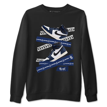 1s Midnight Navy shirts to match jordans Caution Tape sneaker match tees Air Jordan 1 Midnight Navy match shoes to clothes SNRT Sneaker Tees unisex cotton Black 2 shirts