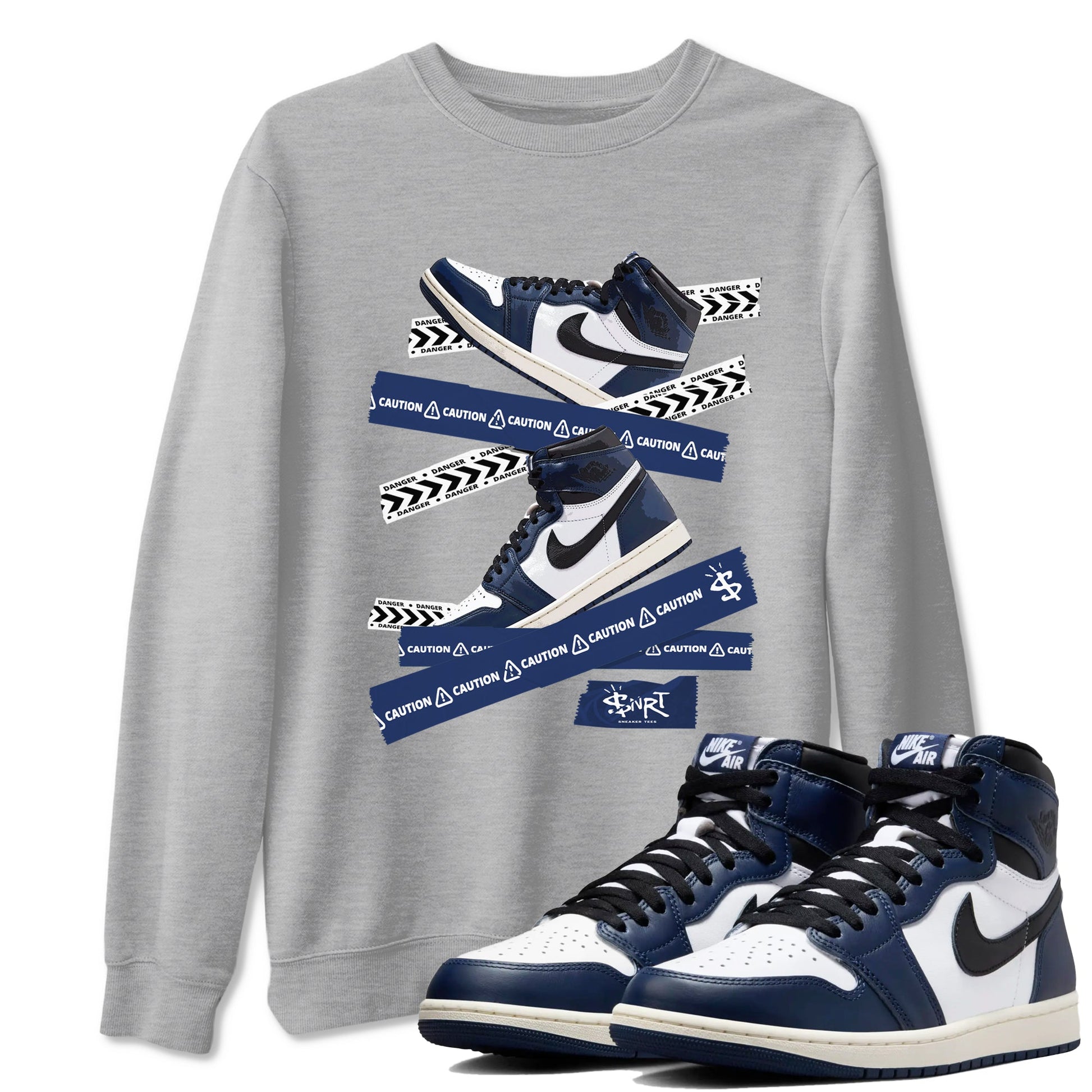 1s Midnight Navy shirts to match jordans Caution Tape sneaker match tees Air Jordan 1 Midnight Navy match shoes to clothes SNRT Sneaker Tees unisex cotton Heather Grey 1 shirts