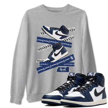 1s Midnight Navy shirts to match jordans Caution Tape sneaker match tees Air Jordan 1 Midnight Navy match shoes to clothes SNRT Sneaker Tees unisex cotton Heather Grey 1 shirts