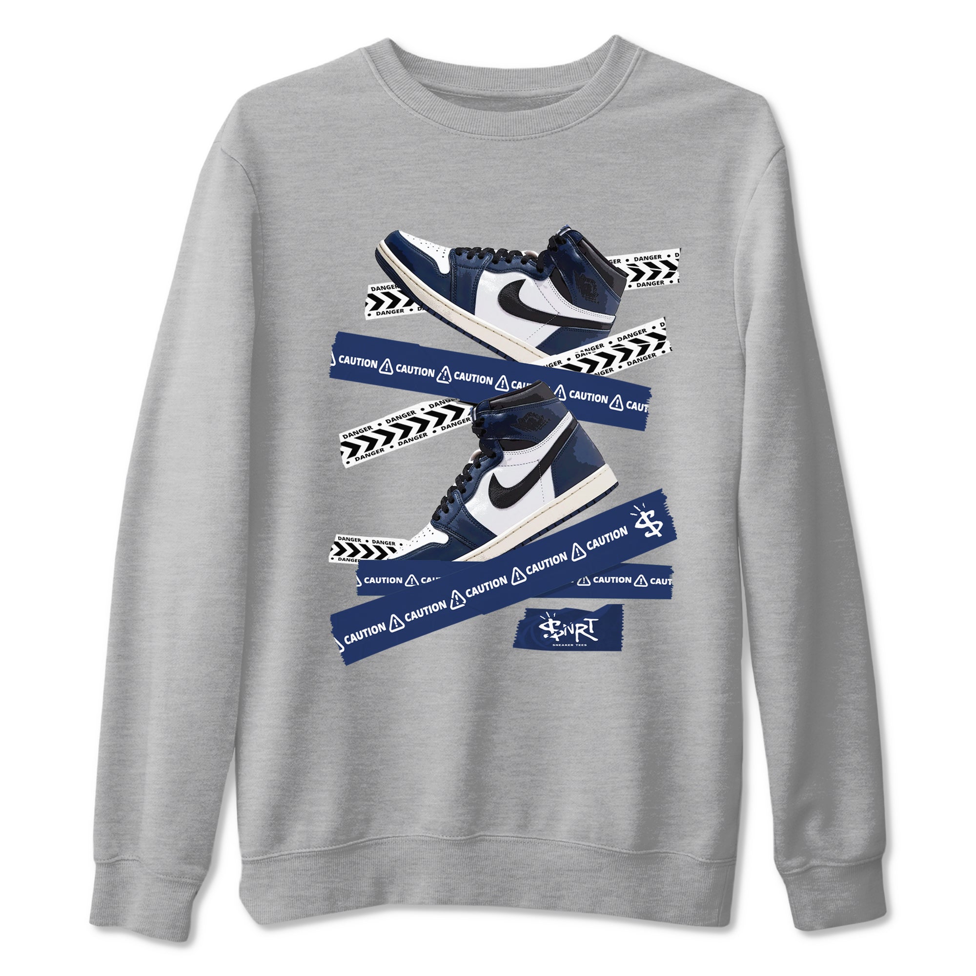 1s Midnight Navy shirts to match jordans Caution Tape sneaker match tees Air Jordan 1 Midnight Navy match shoes to clothes SNRT Sneaker Tees unisex cotton Heather Grey 2 shirts