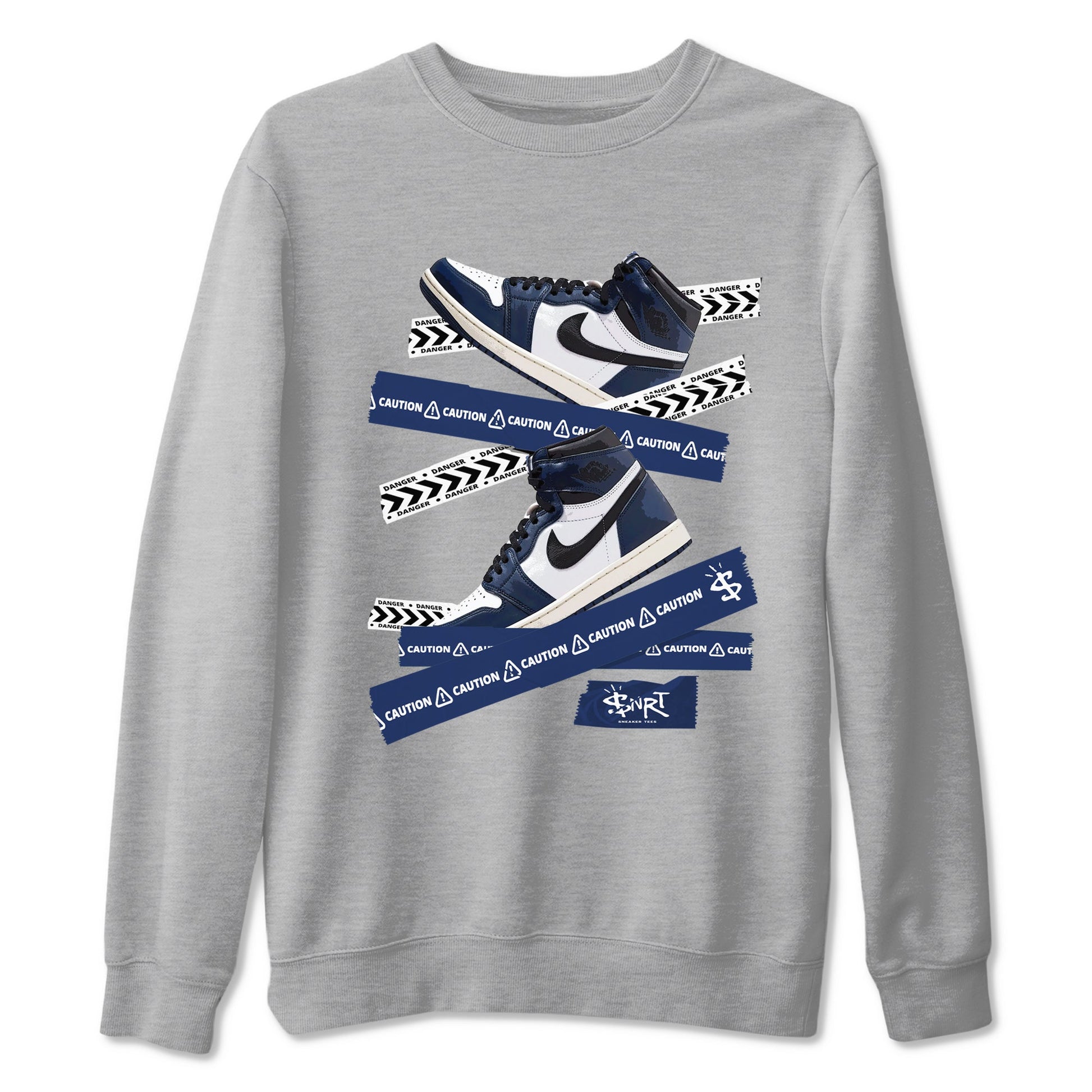 1s Midnight Navy shirts to match jordans Caution Tape sneaker match tees Air Jordan 1 Midnight Navy match shoes to clothes SNRT Sneaker Tees unisex cotton Heather Grey 2 shirts