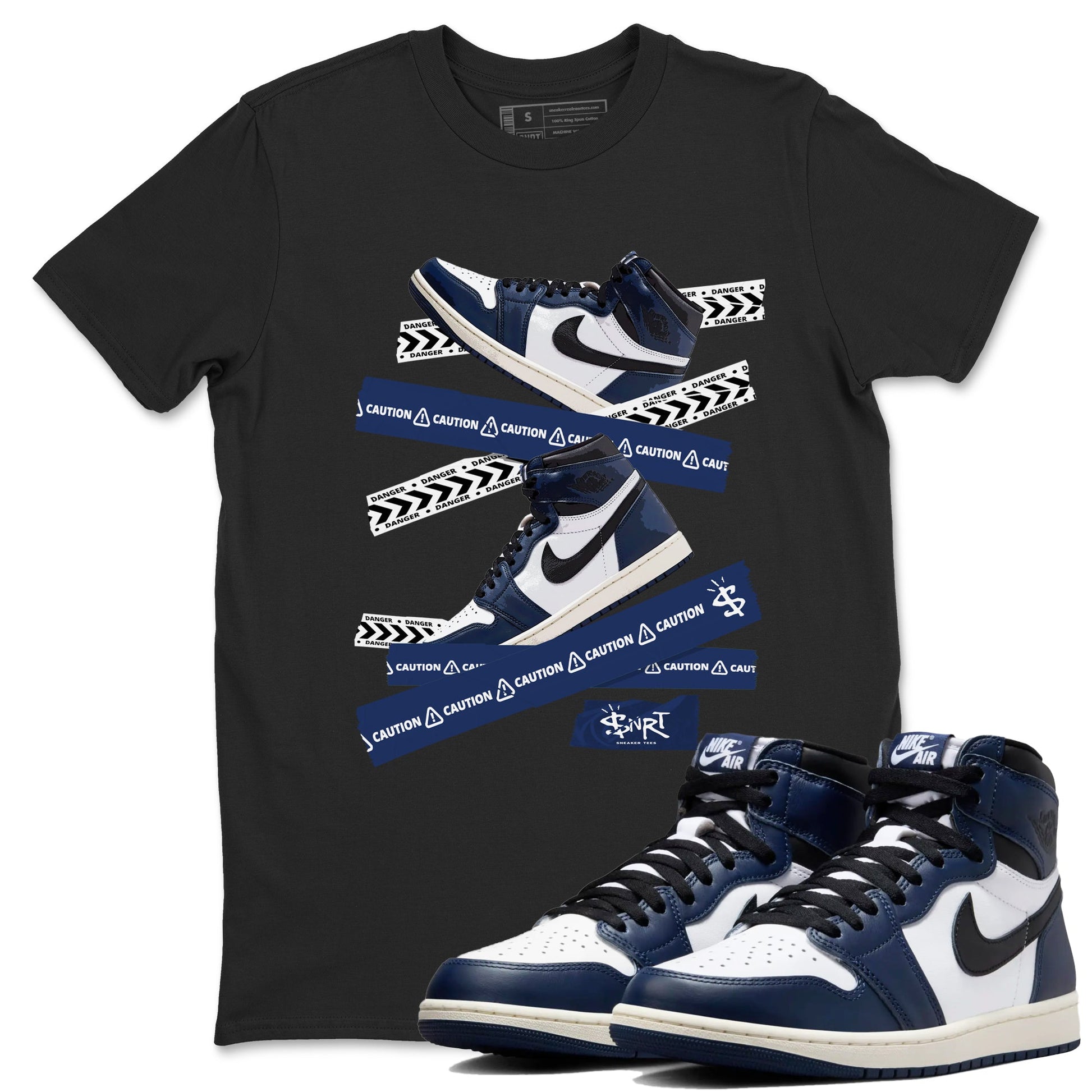 1s Midnight Navy shirts to match jordans Caution Tape sneaker match tees Air Jordan 1 Midnight Navy match shoes to clothes SNRT Sneaker Tees unisex cotton Black 1 shirts