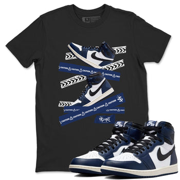 1s Midnight Navy shirts to match jordans Caution Tape sneaker match tees Air Jordan 1 Midnight Navy match shoes to clothes SNRT Sneaker Tees unisex cotton Black 1 shirts