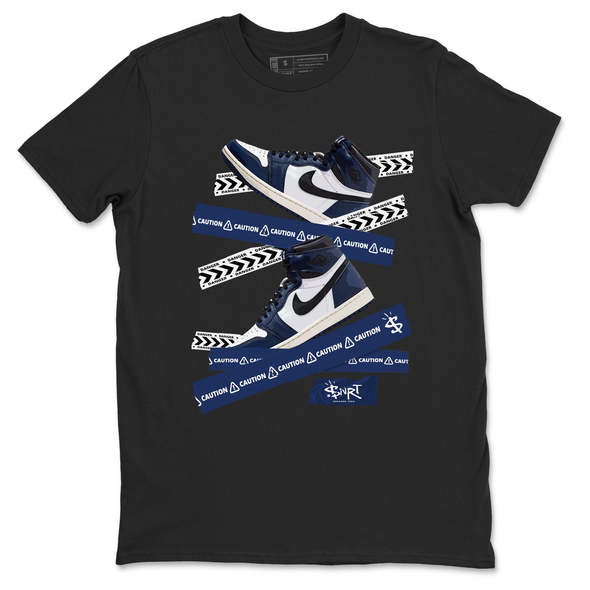 1s Midnight Navy shirts to match jordans Caution Tape sneaker match tees Air Jordan 1 Midnight Navy match shoes to clothes SNRT Sneaker Tees unisex cotton Black 2 shirts