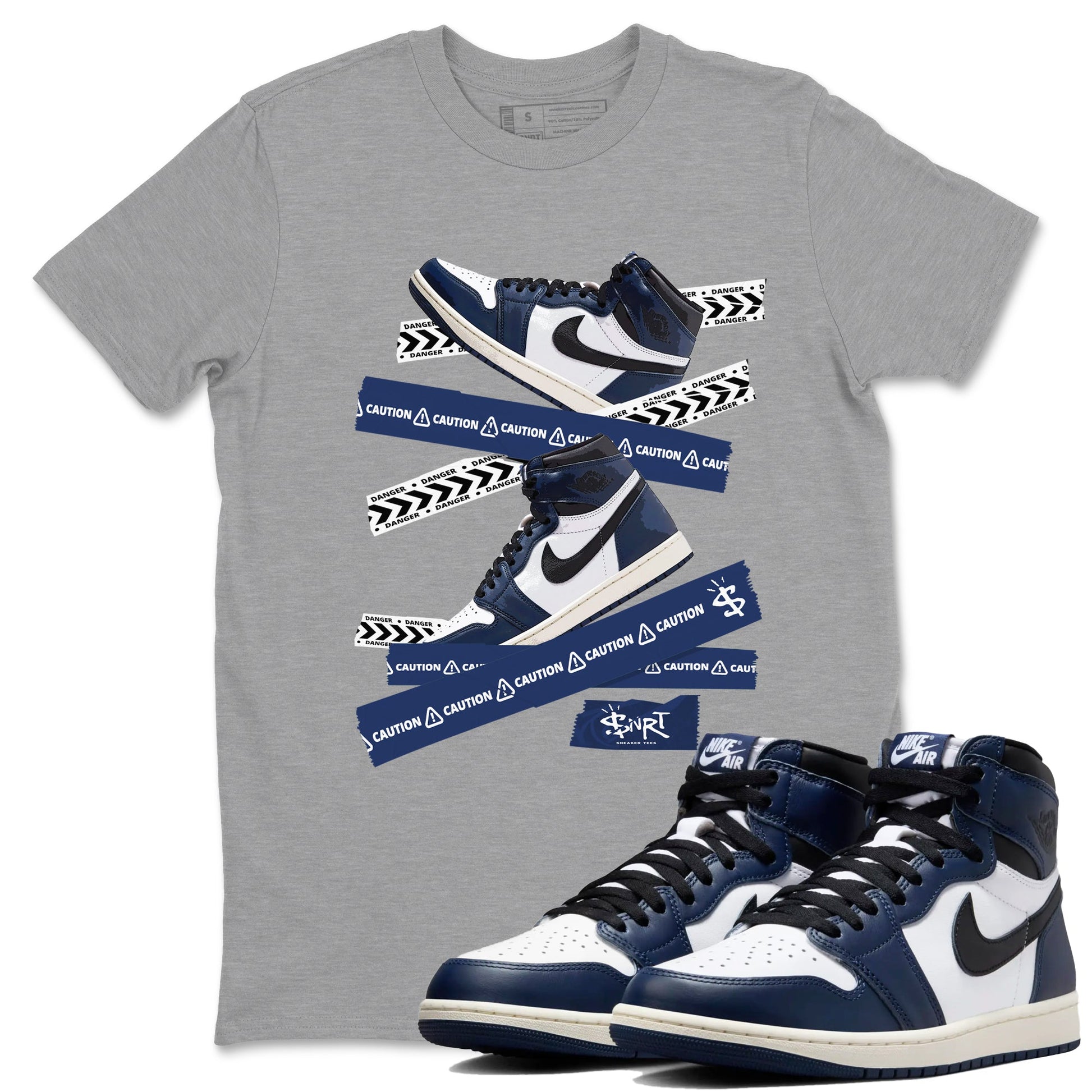 1s Midnight Navy shirts to match jordans Caution Tape sneaker match tees Air Jordan 1 Midnight Navy match shoes to clothes SNRT Sneaker Tees unisex cotton Heather Grey 1 shirts