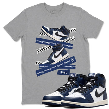 1s Midnight Navy shirts to match jordans Caution Tape sneaker match tees Air Jordan 1 Midnight Navy match shoes to clothes SNRT Sneaker Tees unisex cotton Heather Grey 1 shirts