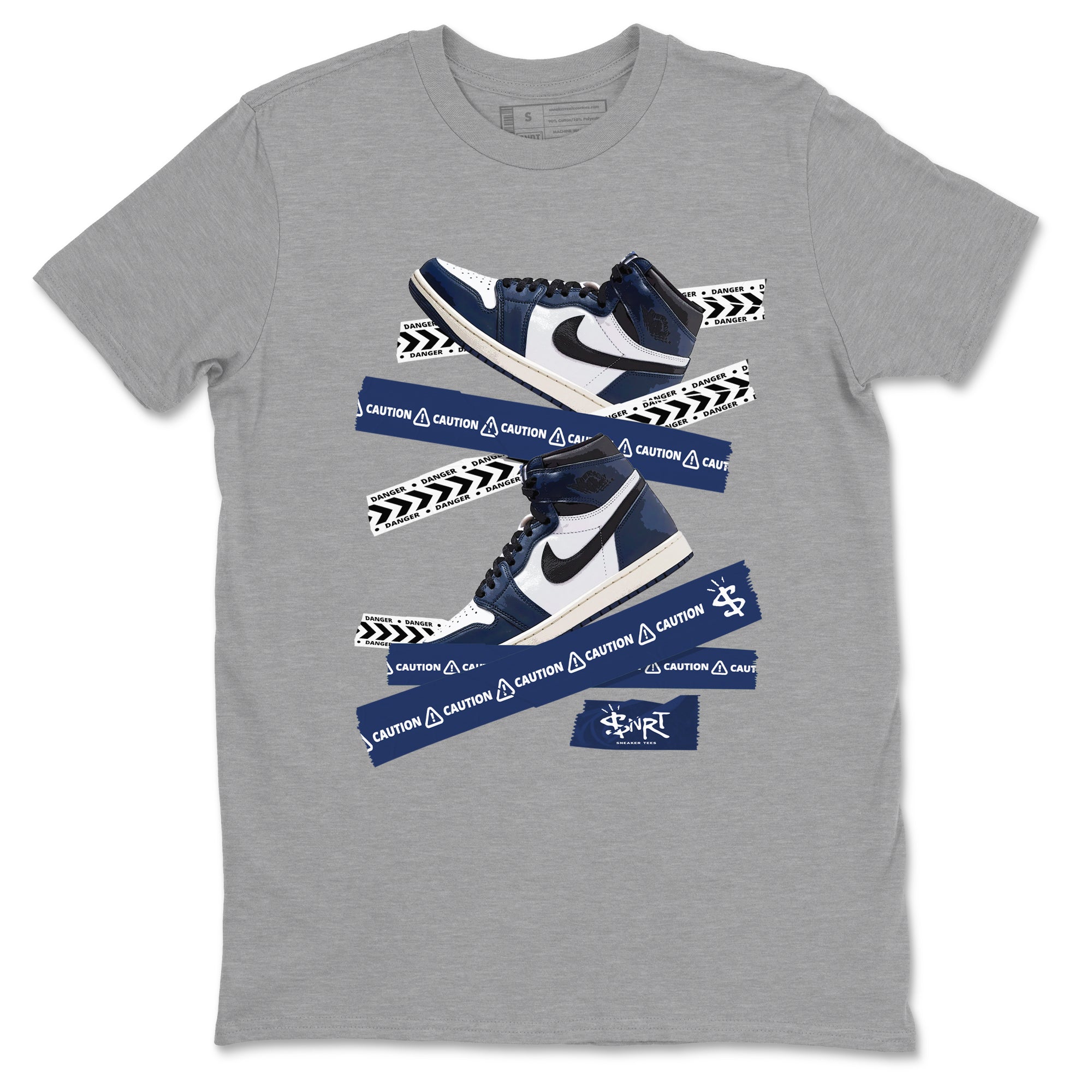 1s Midnight Navy shirts to match jordans Caution Tape sneaker match tees Air Jordan 1 Midnight Navy match shoes to clothes SNRT Sneaker Tees unisex cotton Heather Grey 2 shirts