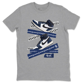 1s Midnight Navy shirts to match jordans Caution Tape sneaker match tees Air Jordan 1 Midnight Navy match shoes to clothes SNRT Sneaker Tees unisex cotton Heather Grey 2 shirts
