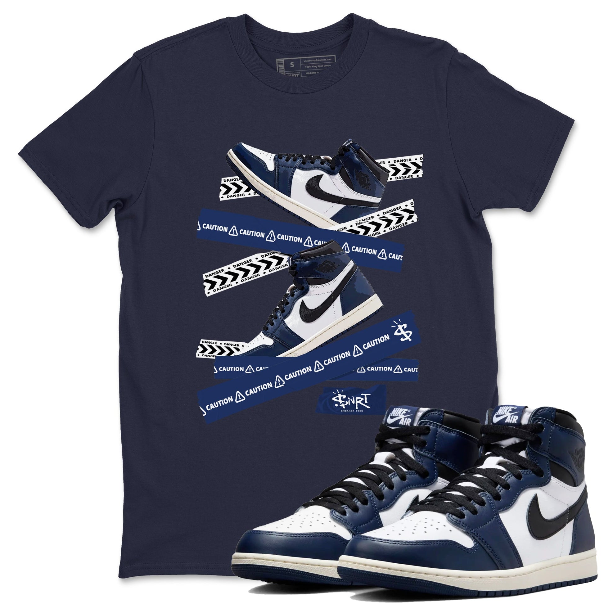 1s Midnight Navy shirts to match jordans Caution Tape sneaker match tees Air Jordan 1 Midnight Navy match shoes to clothes SNRT Sneaker Tees unisex cotton Navy 1 shirts
