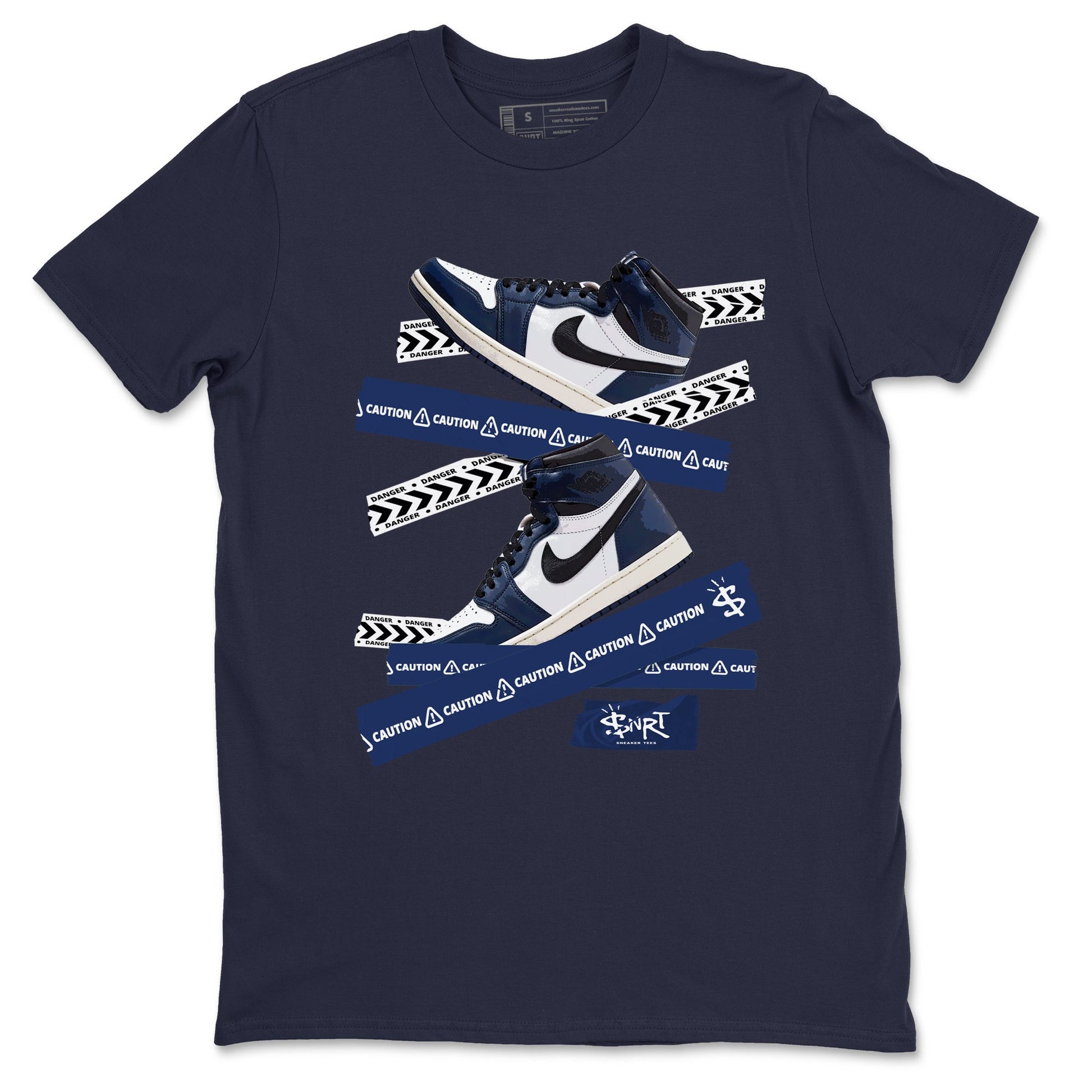 1s Midnight Navy shirts to match jordans Caution Tape sneaker match tees Air Jordan 1 Midnight Navy match shoes to clothes SNRT Sneaker Tees unisex cotton Navy 2 shirts