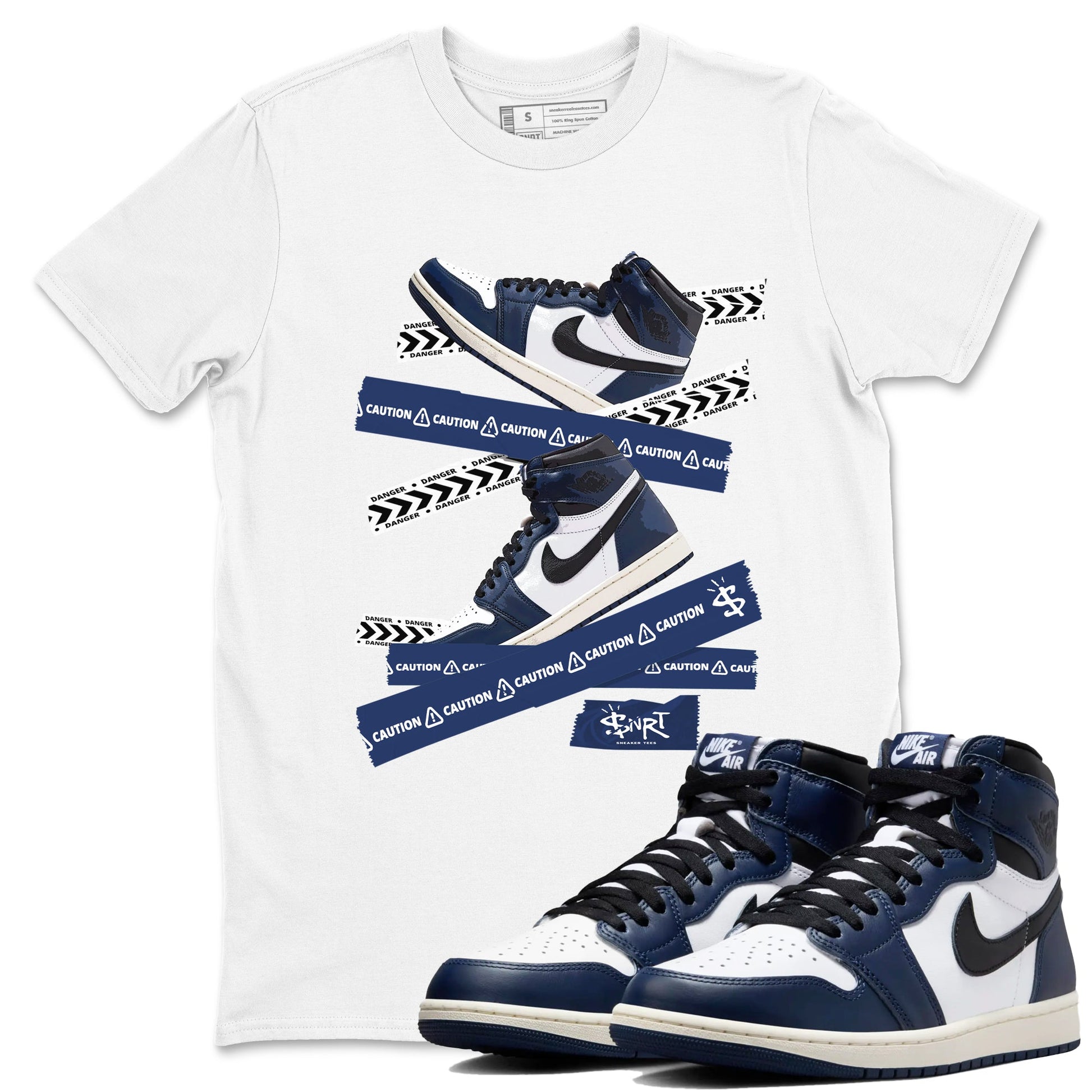 1s Midnight Navy shirts to match jordans Caution Tape sneaker match tees Air Jordan 1 Midnight Navy match shoes to clothes SNRT Sneaker Tees unisex cotton White 1 shirts