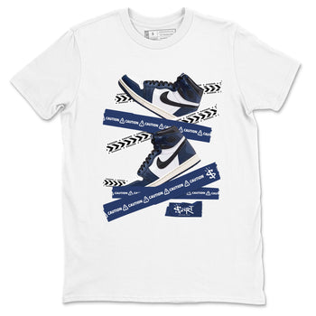 1s Midnight Navy shirts to match jordans Caution Tape sneaker match tees Air Jordan 1 Midnight Navy match shoes to clothes SNRT Sneaker Tees unisex cotton White 2 shirts