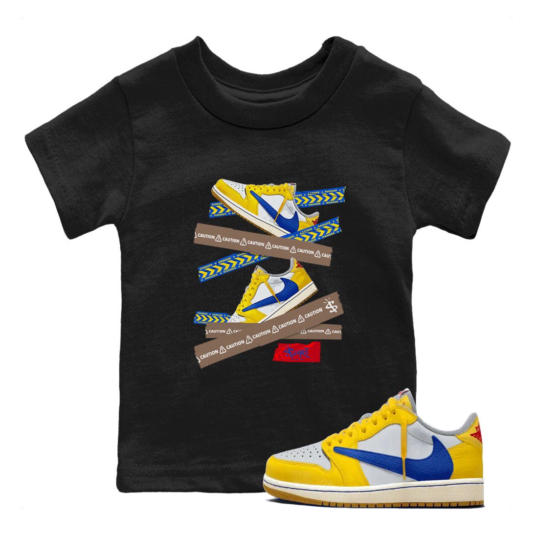 1s Travis Scott Canary shirt to match jordans Caution Tape sneaker tees Air Jordan 1 Travis Scott Canary SNRT sneaker release tees baby toddler Black 1 cotton Shirt