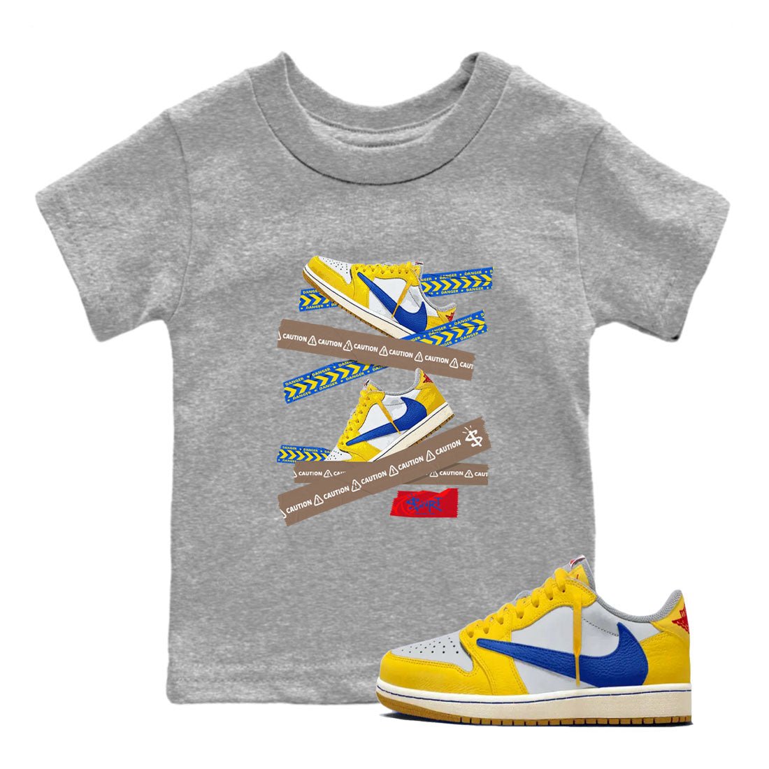 1s Travis Scott Canary shirt to match jordans Caution Tape sneaker tees Air Jordan 1 Travis Scott Canary SNRT sneaker release tees baby toddler Heather Grey 1 cotton Shirt