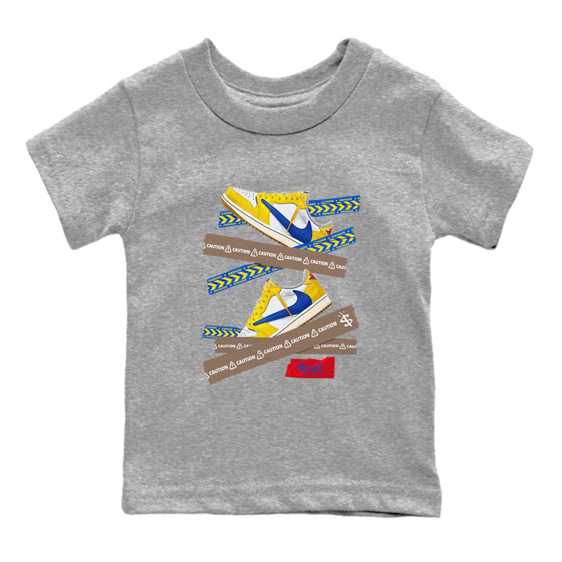 1s Travis Scott Canary shirt to match jordans Caution Tape sneaker tees Air Jordan 1 Travis Scott Canary SNRT sneaker release tees baby toddler Heather Grey 2 cotton Shirt