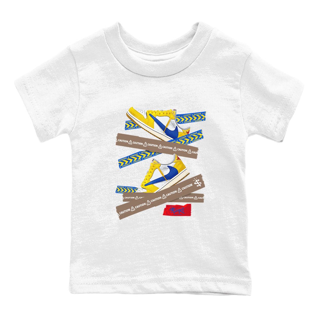 1s Travis Scott Canary shirt to match jordans Caution Tape sneaker tees Air Jordan 1 Travis Scott Canary SNRT sneaker release tees baby toddler White 2 cotton Shirt