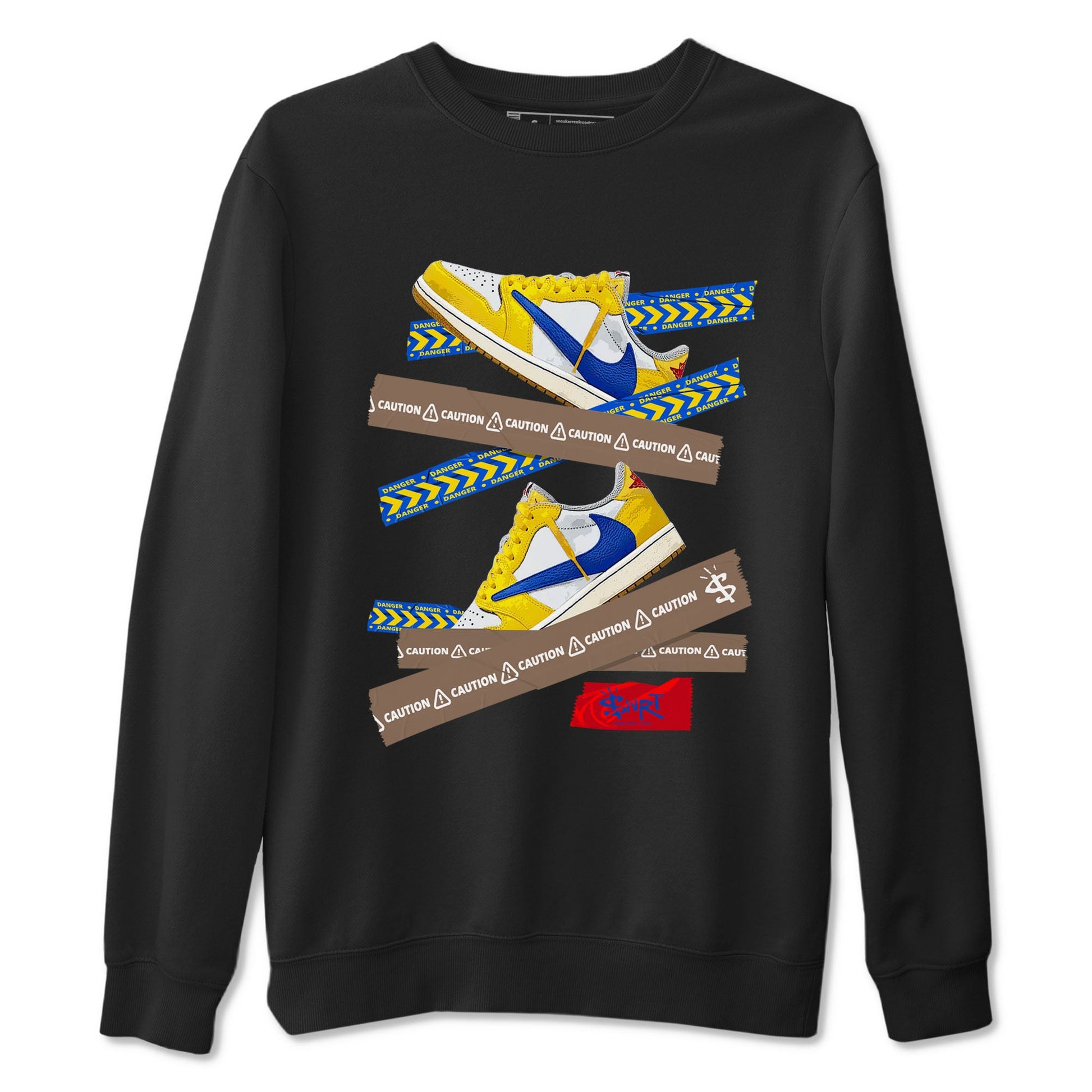 1s Travis Scott Canary shirt to match jordans Caution Tape sneaker tees Air Jordan 1 Travis Scott Canary SNRT Sneaker Release Tees unisex cotton Black 2 crew neck shirt