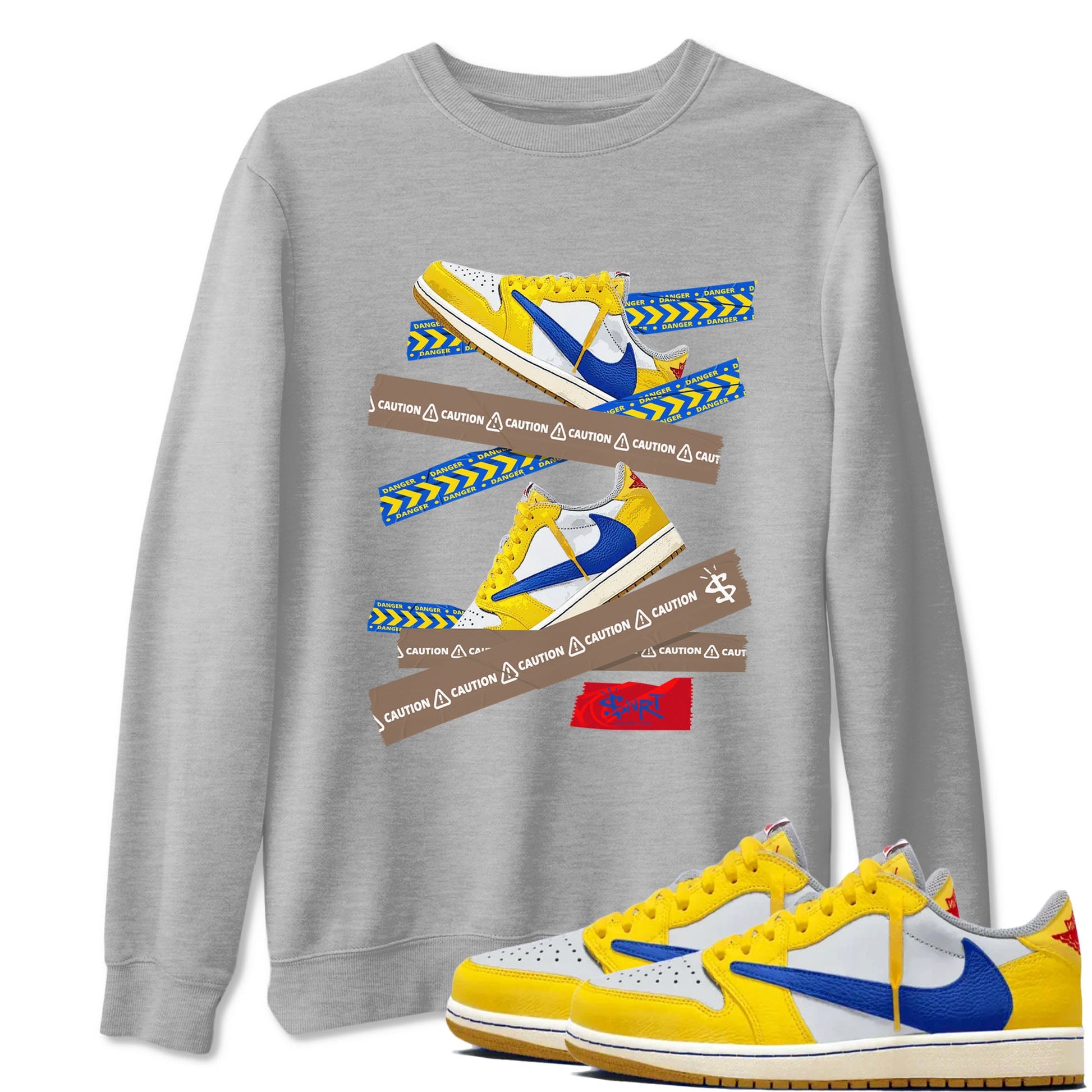 1s Travis Scott Canary shirt to match jordans Caution Tape sneaker tees Air Jordan 1 Travis Scott Canary SNRT Sneaker Release Tees unisex cotton Heather Grey 1 crew neck shirt