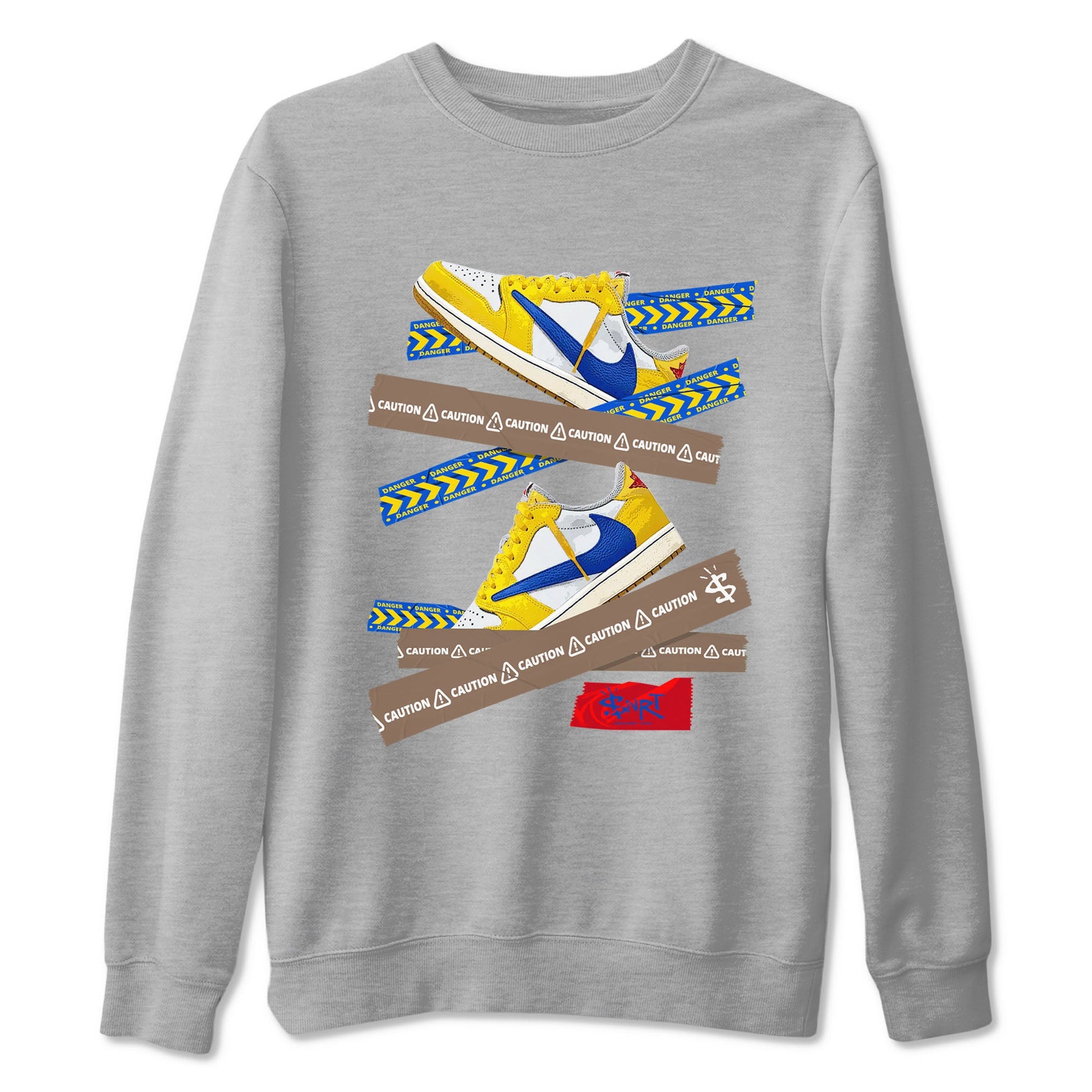 1s Travis Scott Canary shirt to match jordans Caution Tape sneaker tees Air Jordan 1 Travis Scott Canary SNRT Sneaker Release Tees unisex cotton Heather Grey 2 crew neck shirt