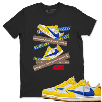 1s Travis Scott Canary shirt to match jordans Caution Tape sneaker tees Air Jordan 1 Travis Scott Canary SNRT Sneaker Release Tees unisex cotton Black 1 crew neck shirt