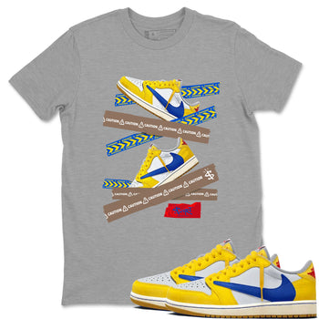 1s Travis Scott Canary shirt to match jordans Caution Tape sneaker tees Air Jordan 1 Travis Scott Canary SNRT Sneaker Release Tees unisex cotton Heather Grey 1 crew neck shirt