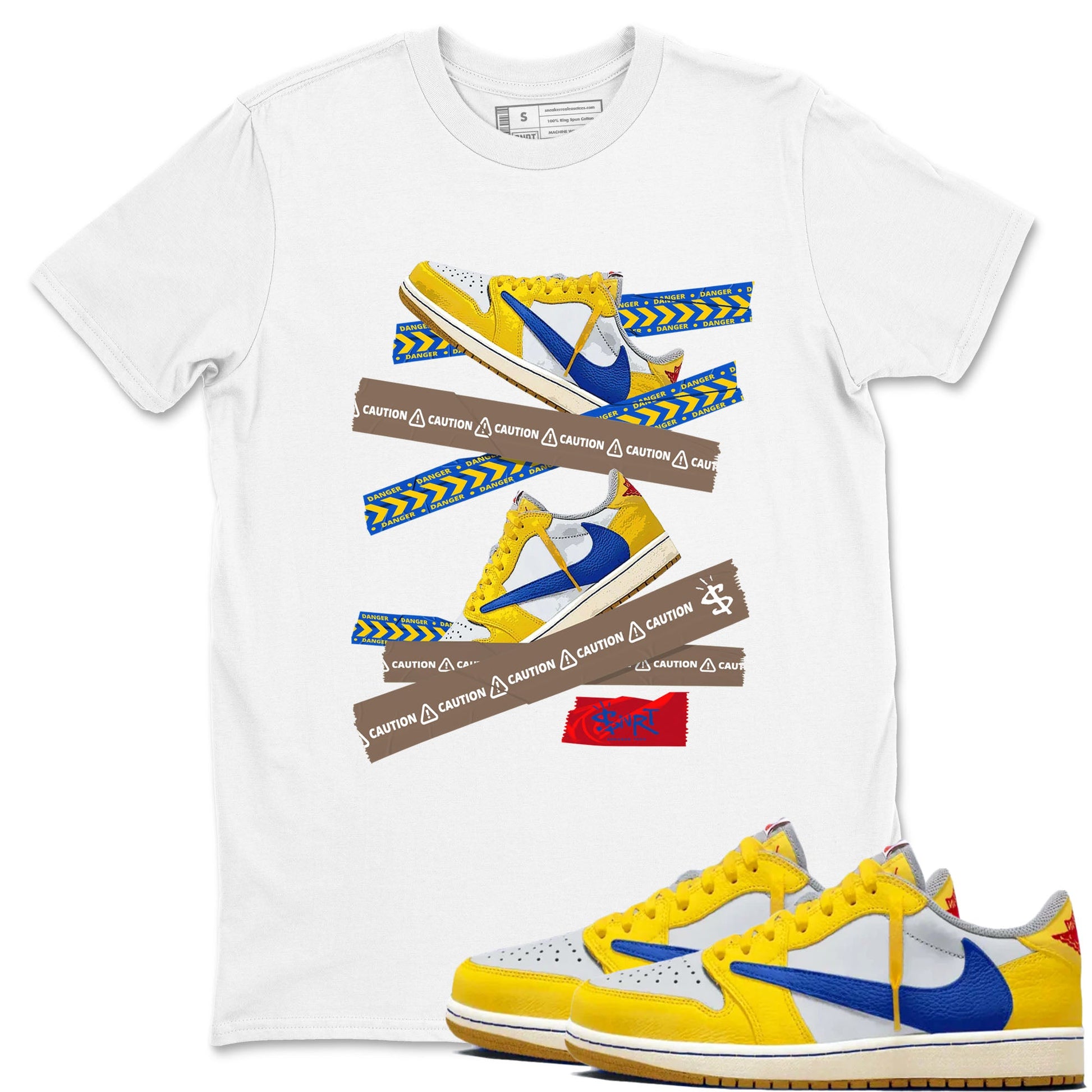 1s Travis Scott Canary shirt to match jordans Caution Tape sneaker tees Air Jordan 1 Travis Scott Canary SNRT Sneaker Release Tees unisex cotton White 1 crew neck shirt
