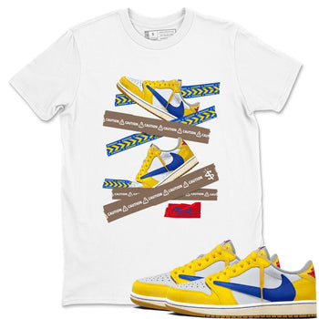 1s Travis Scott Canary shirt to match jordans Caution Tape sneaker tees Air Jordan 1 Travis Scott Canary SNRT Sneaker Release Tees unisex cotton White 1 crew neck shirt