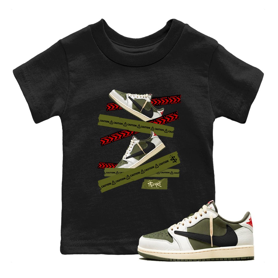 Jordan 1 Olive t shirts to match sneakers Caution Tape sneaker match tees Air Jordan 1 Low x Travis Scott Reverse Olive tee SNRT Sneaker Tees Youth Baby Black 1 tee