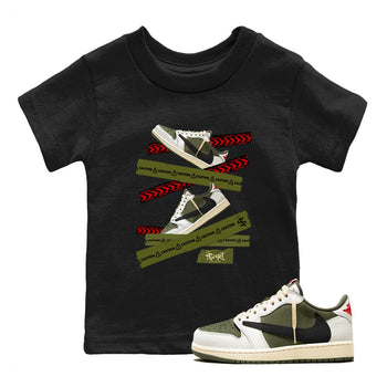 Jordan 1 Olive t shirts to match sneakers Caution Tape sneaker match tees Air Jordan 1 Low x Travis Scott Reverse Olive tee SNRT Sneaker Tees Youth Baby Black 1 tee